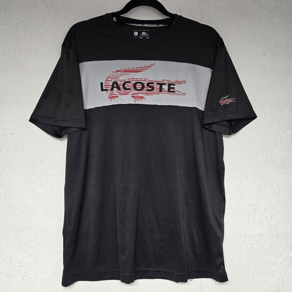 Lacoste Black Graphic Shirt Mens XL Luxury Casual Designer Colorblocking Wicking